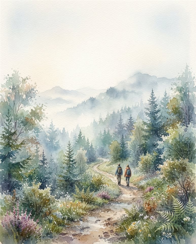 登山步道的水彩插圖，上方留有文字空間的寬景構圖，清晨薄霧，夢幻氛圍，4:5比例