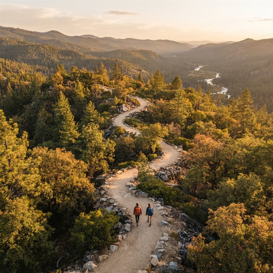 登山步道的寫實照片，高角度俯視視角，溫暖金黃光線，平靜氛圍，1:1比例