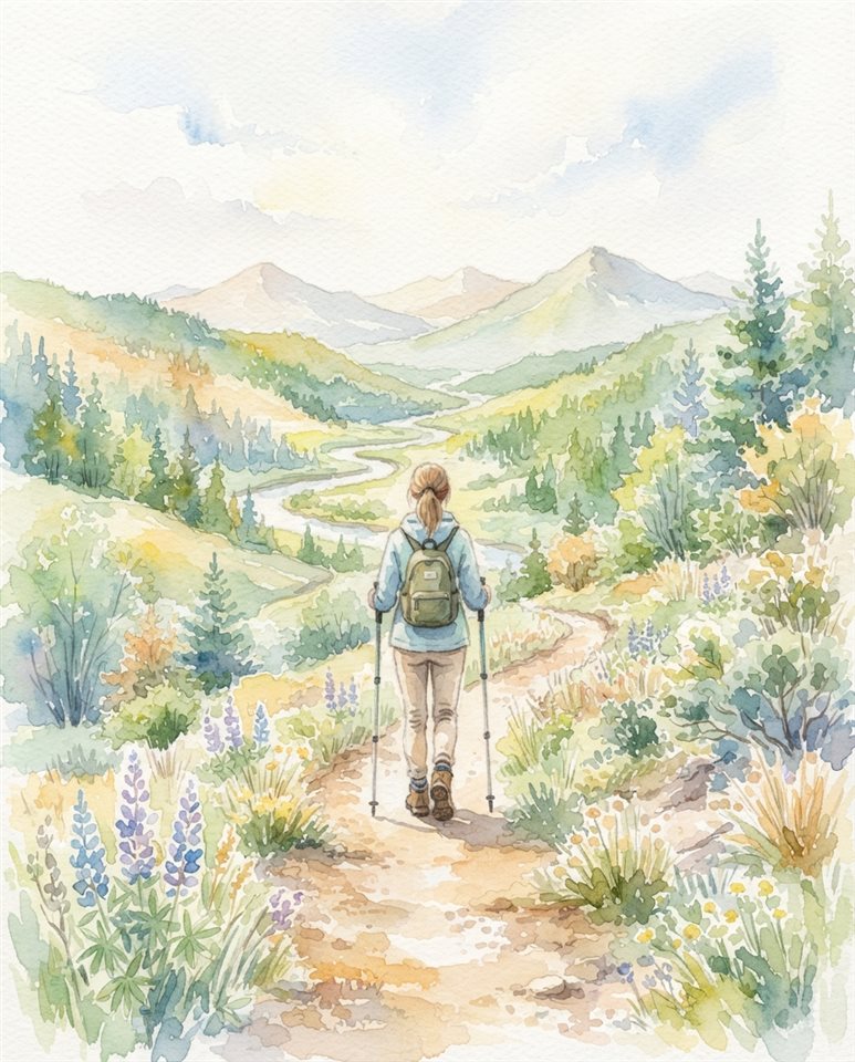 登山步道的水彩插畫，主體置中且構圖簡單乾淨，柔和粉嫩色彩，明亮溫馨，4:5比例