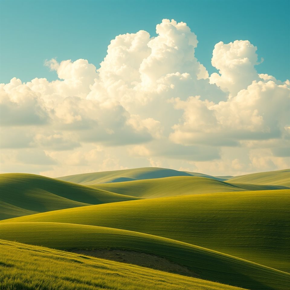 Photorealistic photo of Rolling green hills under a bright sky with fluffy white clouds, close-up detail with shallow depth of field, warm golden light, calm mood, 1:1 aspect ratio