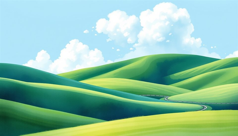 Watercolor illustration of Rolling green hills under a bright sky with fluffy white clouds, centered subject with a simple uncluttered composition, cool blue tones, quiet atmosphere, 16:9 aspect ratio