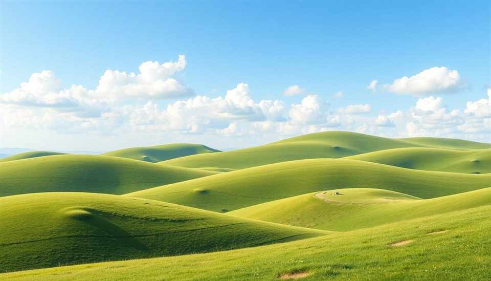Minimal flat illustration of Rolling green hills under a bright sky with fluffy white clouds, high-angle view from above, soft pastel colors, bright and cozy, 16:9 aspect ratio