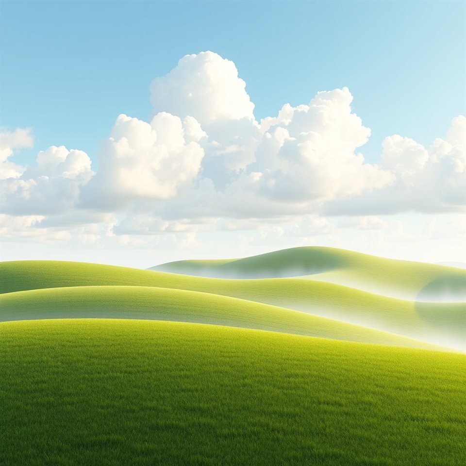 Soft 3D render of Rolling green hills under a bright sky with fluffy white clouds, close-up detail with shallow depth of field, misty morning haze, dreamy, 1:1 aspect ratio