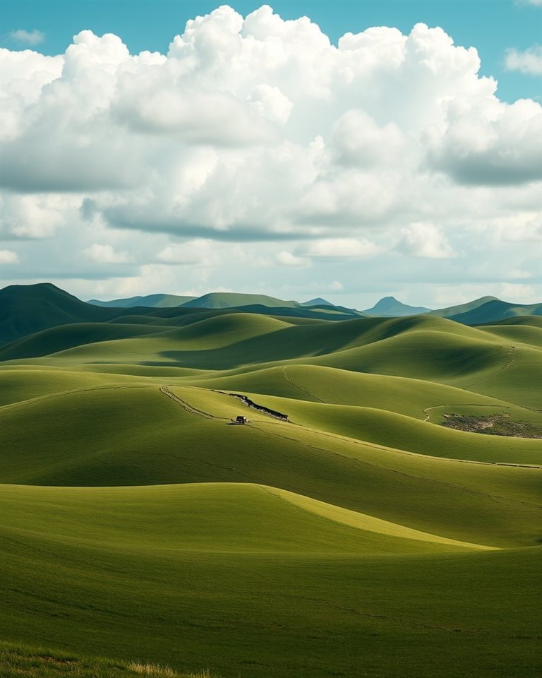 Photorealistic photo of Rolling green hills under a bright sky with fluffy white clouds, wide shot with open space at the top for text, moody dark tones, dramatic lighting, 4:5 aspect ratio