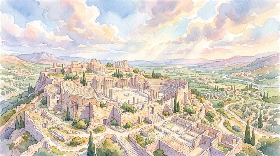 Ilustração em aquarela de ruínas antigas sob um céu dramático, vista de cima com ângulo alto, cores pastel suaves, brilhante e aconchegante, proporção 16:9