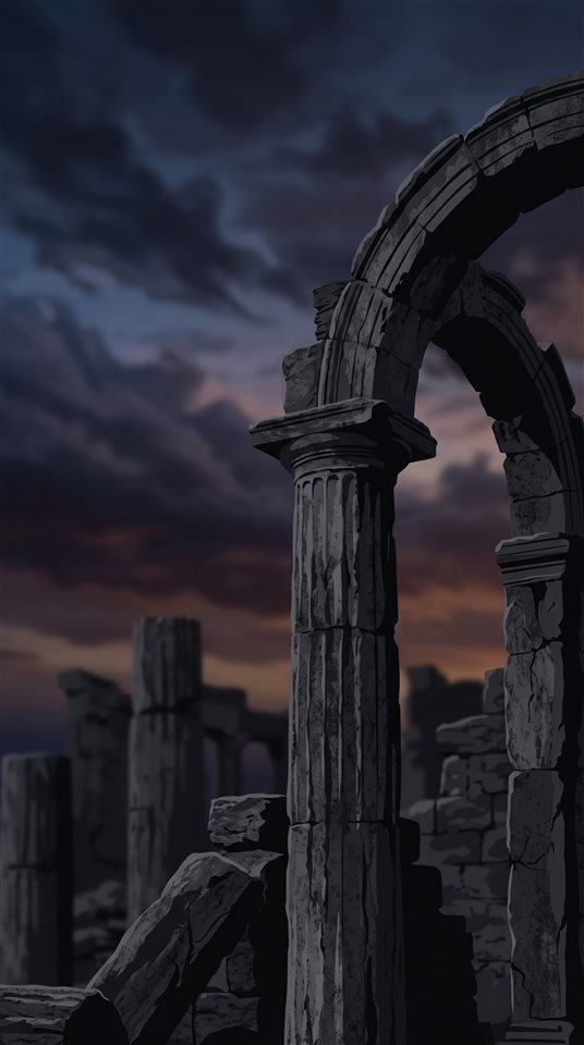 Ilustración plana minimalista de ruinas antiguas bajo un cielo dramático, detalle en primer plano con poca profundidad de campo, tonos oscuros melancólicos, iluminación dramática, relación de aspecto 9:16