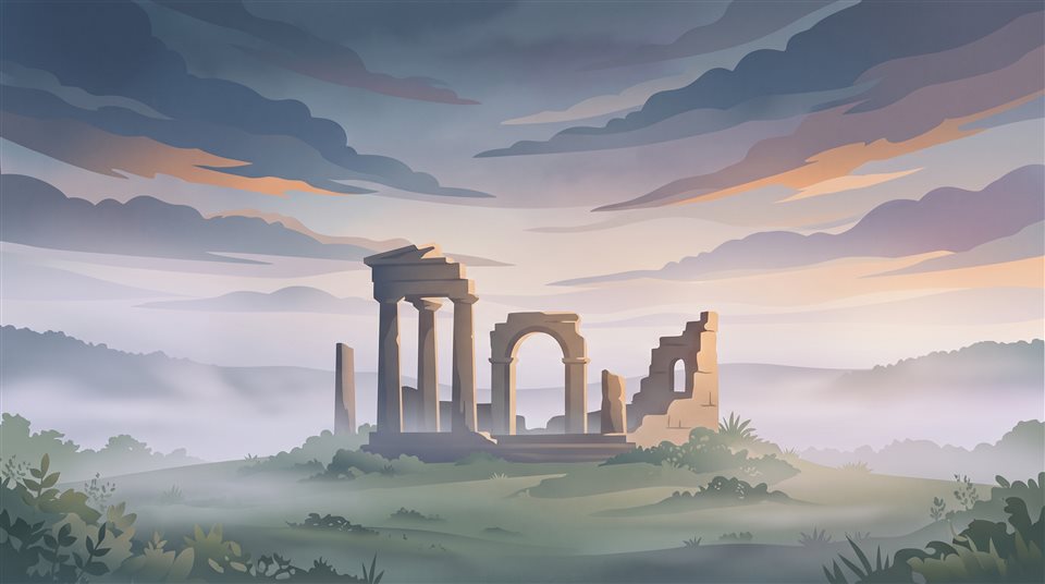 Ilustración plana minimalista de ruinas antiguas bajo un cielo dramático, sujeto centrado con una composición simple y despejada, neblina matutina, atmósfera de ensueño, relación de aspecto 16:9
