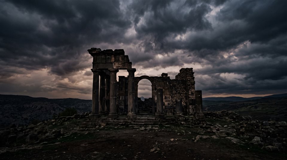 ドラマチックな空の下の古代遺跡のシネマティックな映画のワンシーン、シンプルですっきりとした構図の中央に配置された被写体、ムーディーなダークトーン、ドラマチックな照明、16:9のアスペクト比