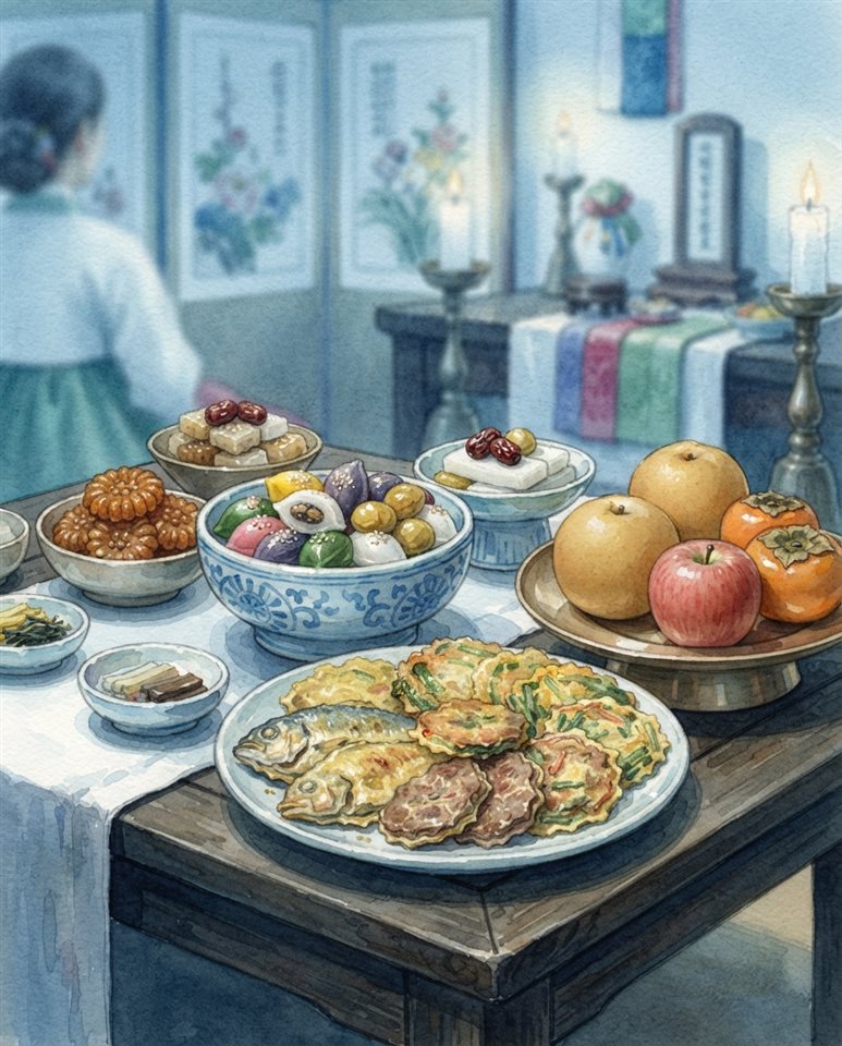 Watercolor illustration of a Korean holiday table set with jeon, fruits and rice cakes, close-up detail with shallow depth of field, cool blue tones, quiet atmosphere, 4:5 aspect ratio