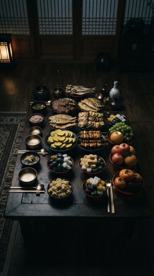 Photorealistic photo of a Korean holiday table set with jeon, fruits and rice cakes, high-angle view from above, moody dark tones, dramatic lighting, 9:16 aspect ratio