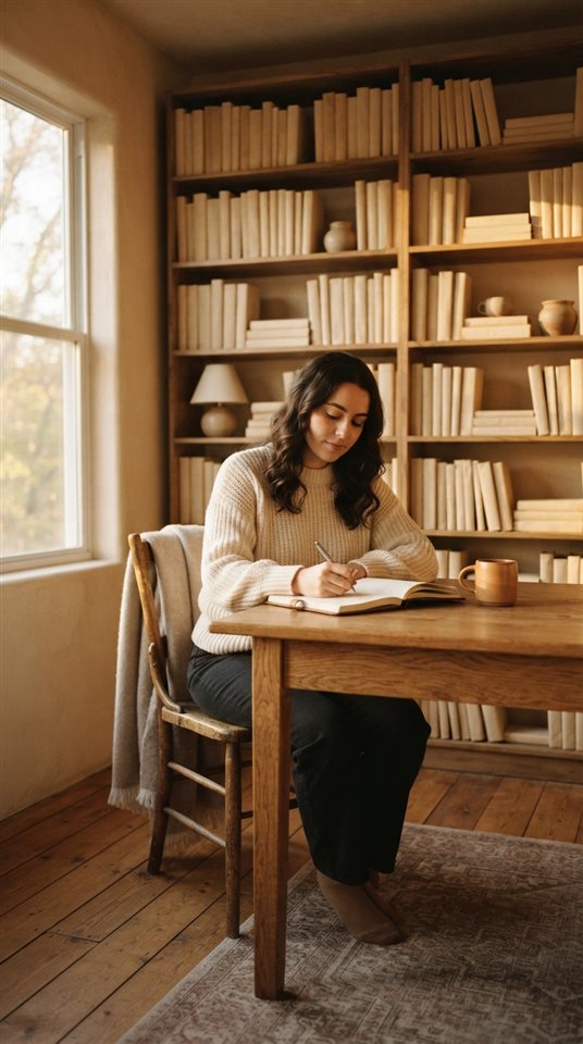 Cinematic film still of a home study room with bookshelves, centered subject with a simple uncluttered composition, warm golden light, calm mood, 9:16 aspect ratio