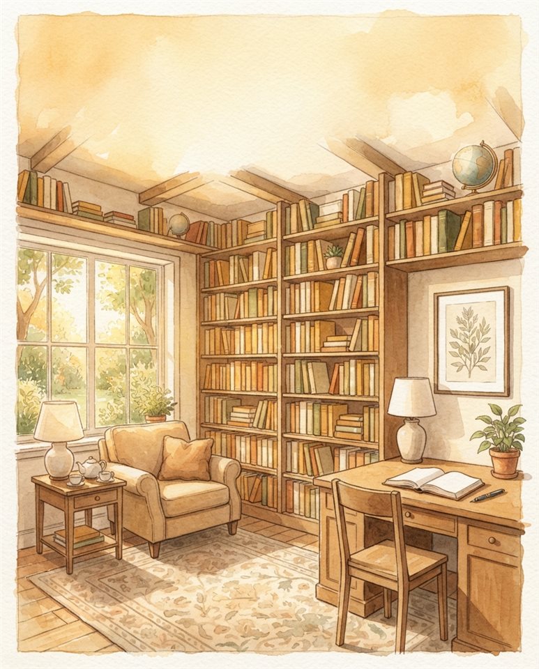 Ilustração em aquarela de uma sala de estudos em casa com estantes de livros, plano aberto com espaço livre na parte superior para texto, luz dourada quente, clima calmo, proporção 4:5