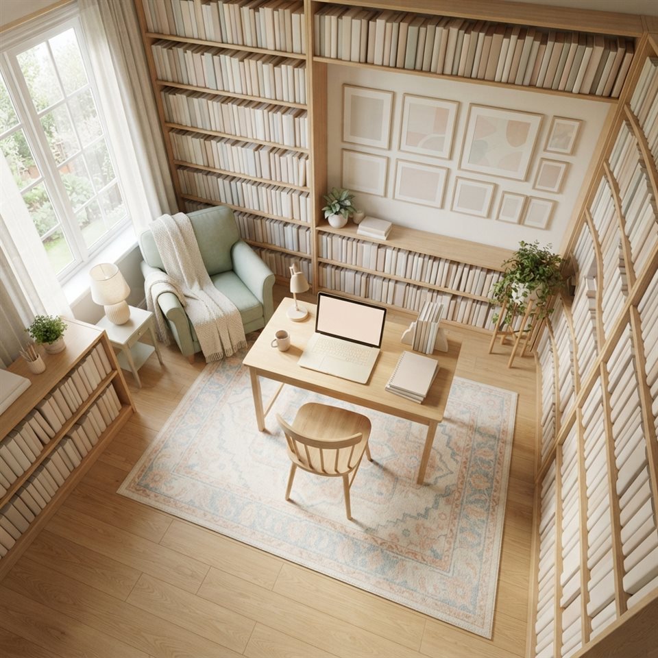 Photorealistic photo of a home study room with bookshelves, high-angle view from above, soft pastel colors, bright and cozy, 1:1 aspect ratio