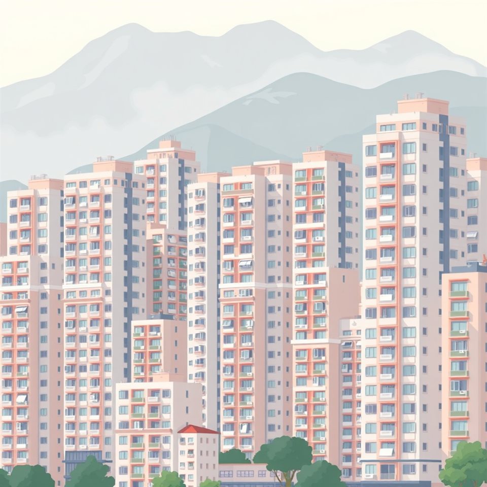 Minimal flat illustration of Dense high-rise apartment buildings tightly packed against a misty mountain background, close-up detail with shallow depth of field, soft pastel colors, bright and cozy, 1:1 aspect ratio