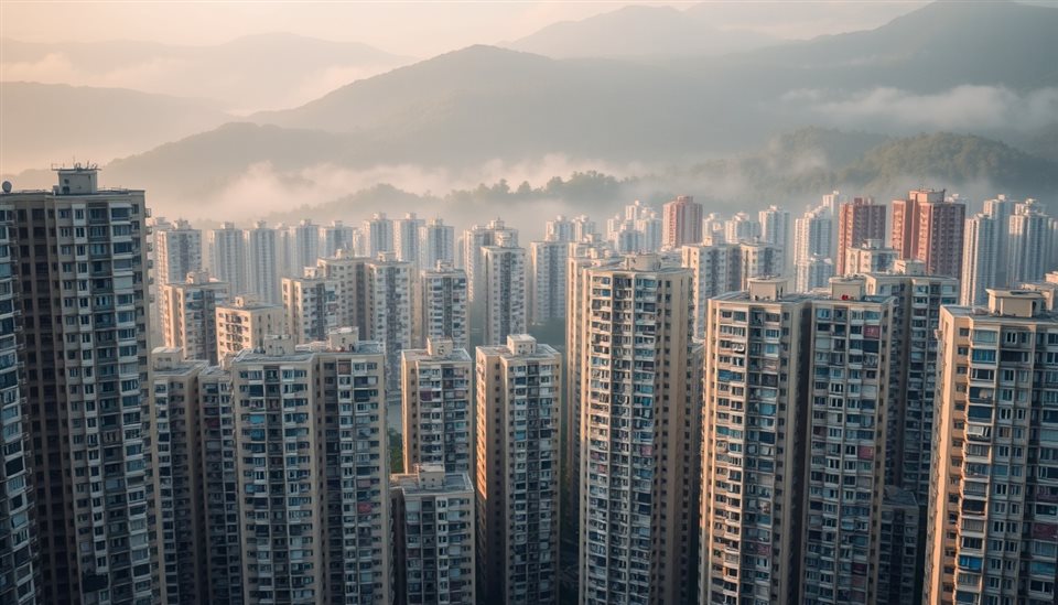 Photorealistic photo of Dense high-rise apartment buildings tightly packed against a misty mountain background, high-angle view from above, warm golden light, calm mood, 16:9 aspect ratio