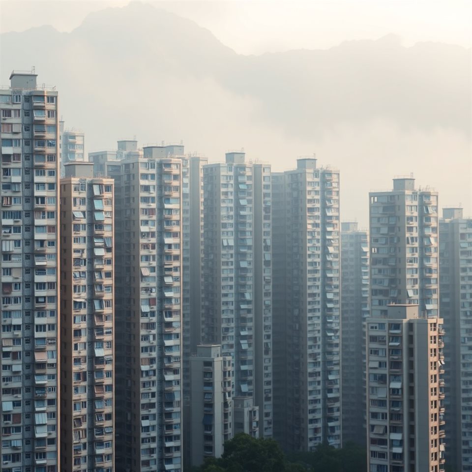 Soft 3D render of Dense high-rise apartment buildings tightly packed against a misty mountain background, close-up detail with shallow depth of field, misty morning haze, dreamy, 1:1 aspect ratio