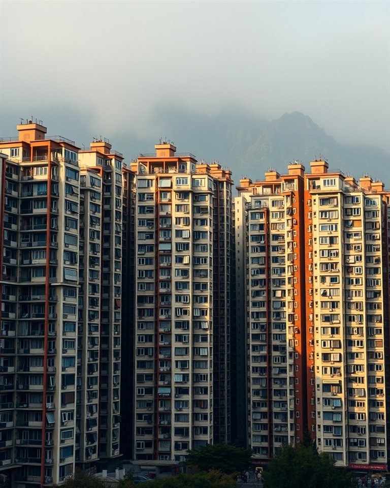 Cinematic film still of Dense high-rise apartment buildings tightly packed against a misty mountain background, wide shot with open space at the top for text, vivid colors, high contrast, energetic, 4:5 aspect ratio