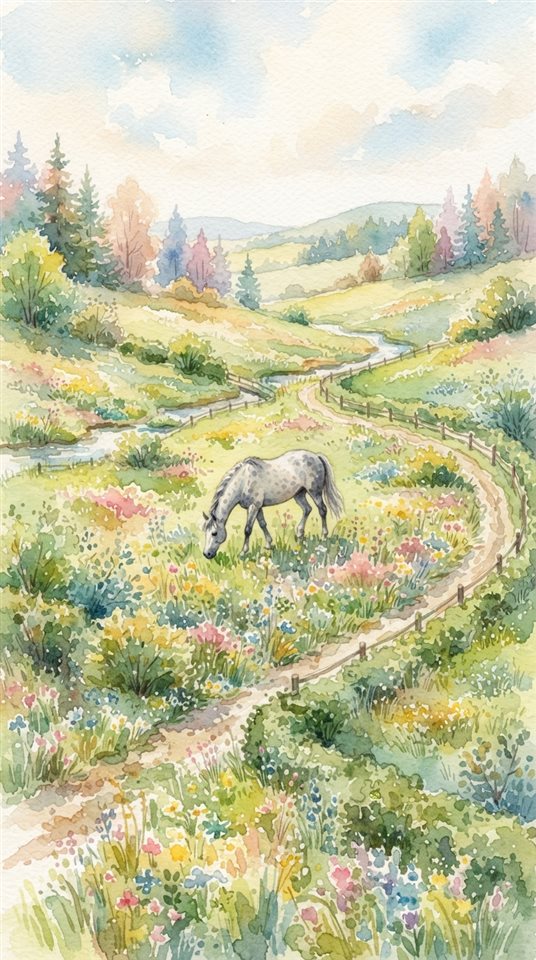 초원의 말, 수채화 일러스트, 위에서 내려다본 구도, 부드러운 파스텔 색감, 밝고 포근한 분위기, 9:16 비율