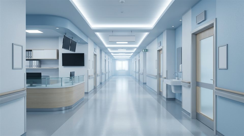 Renderização 3D suave de um corredor hospitalar limpo e moderno, assunto centralizado com composição simples e sem desordem, tons de azul frios, atmosfera tranquila, proporção 16:9