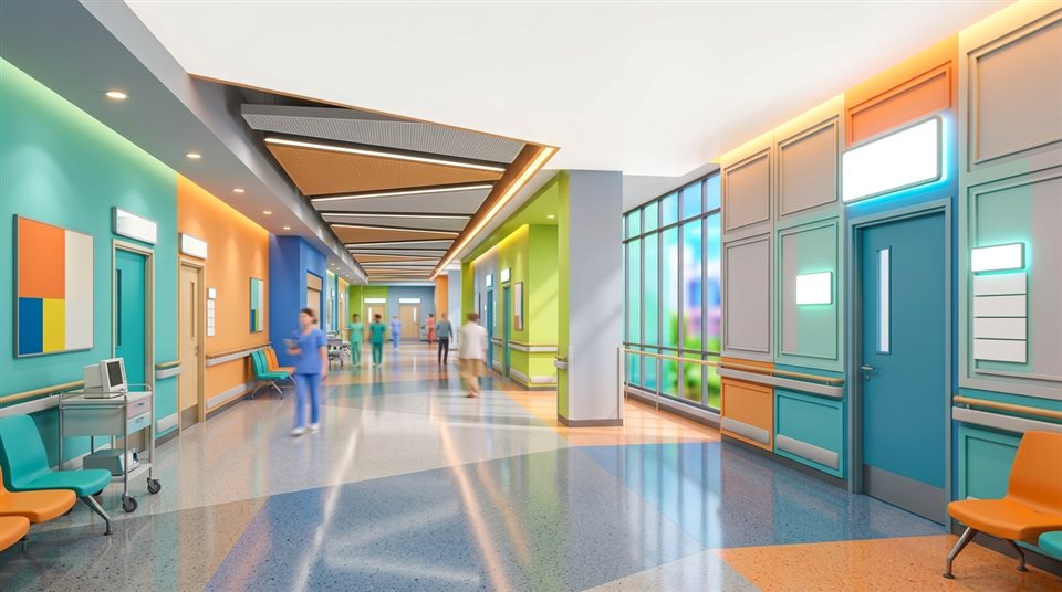 Renderização 3D suave de um corredor de hospital limpo e moderno, tomada ampla com espaço aberto na parte superior para texto, cores vívidas, alto contraste, enérgico, proporção 16:9