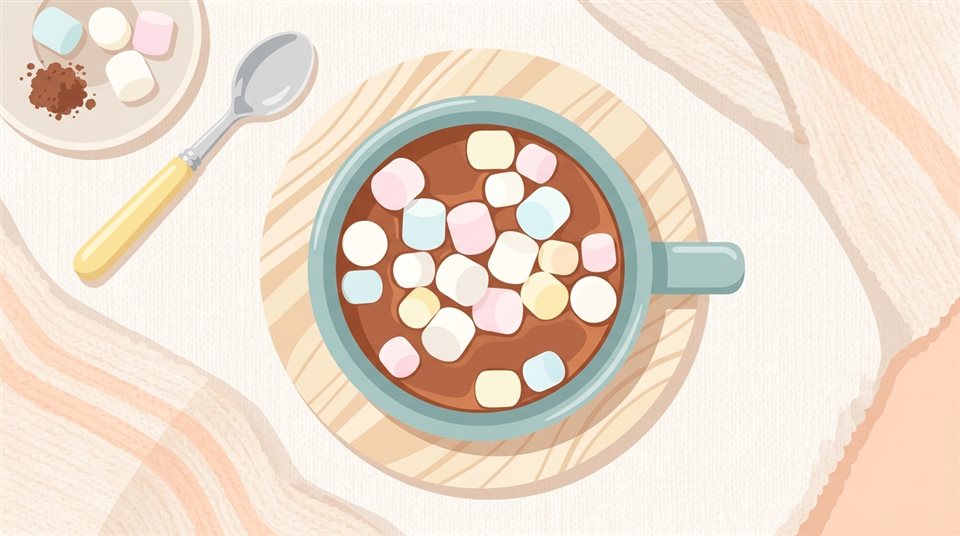 Ilustração plana minimalista de caneca de chocolate quente com marshmallows, vista de cima em ângulo alto, cores pastel suaves, claro e aconchegante, proporção 16:9
