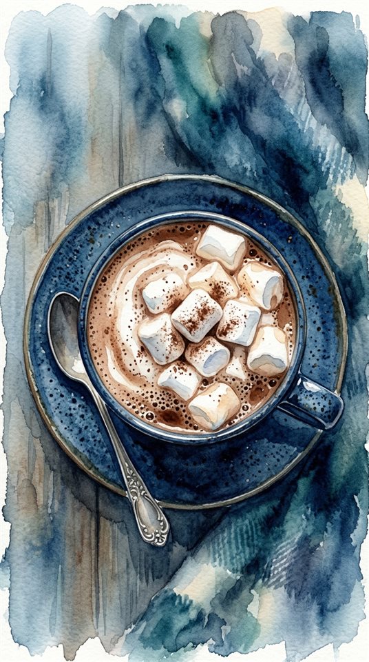 Ilustração em aquarela de caneca de chocolate quente com marshmallows, vista de cima em ângulo alto, tons de azul frio, atmosfera tranquila, proporção 9:16