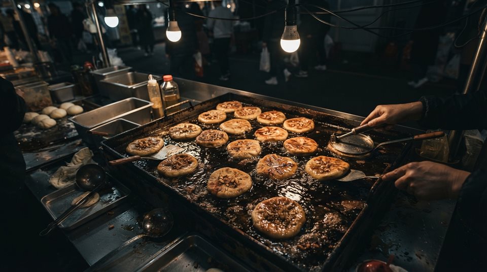 Photorealistic photo of sweet Korean pancakes hotteok on a street food griddle, high-angle view from above, moody dark tones, dramatic lighting, 16:9 aspect ratio