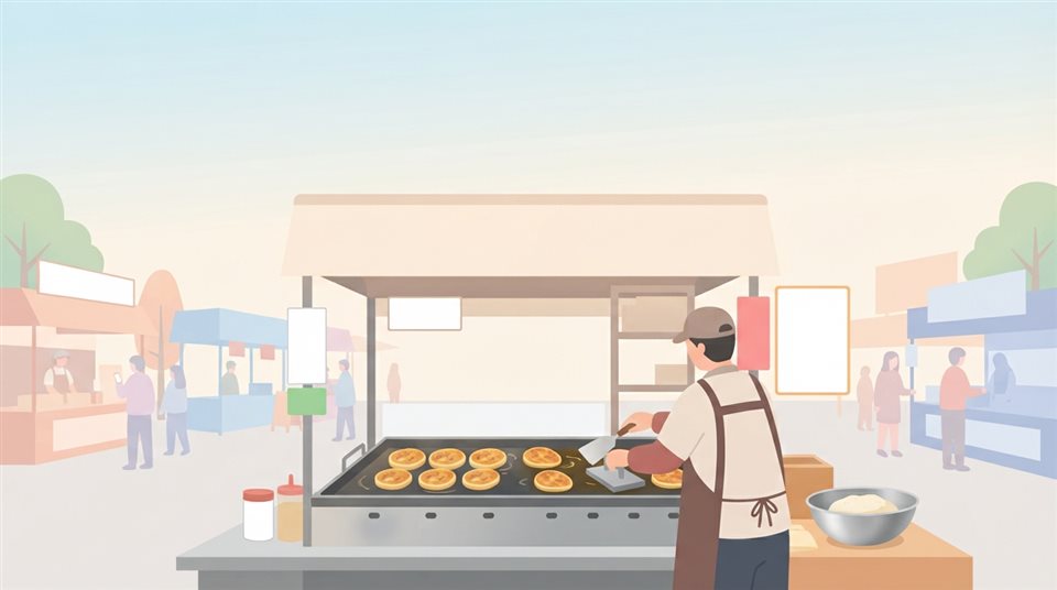Minimal flat illustration of sweet Korean pancakes hotteok on a street food griddle, wide shot with open space at the top for text, soft pastel colors, bright and cozy, 16:9 aspect ratio