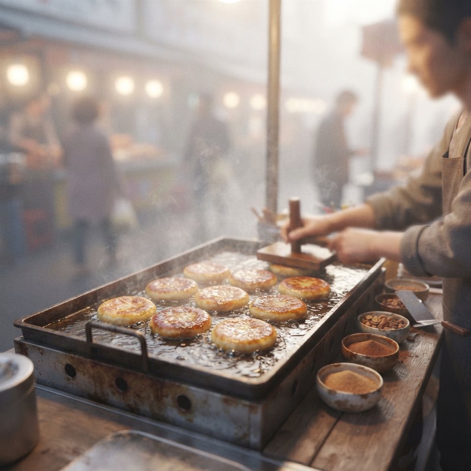 길거리 철판 위 달콤한 호떡, 부드러운 3D 렌더링, 단순하고 깔끔한 구도 가운데 놓인 피사체, 아침 안개, 몽환적인 분위기, 1:1 비율