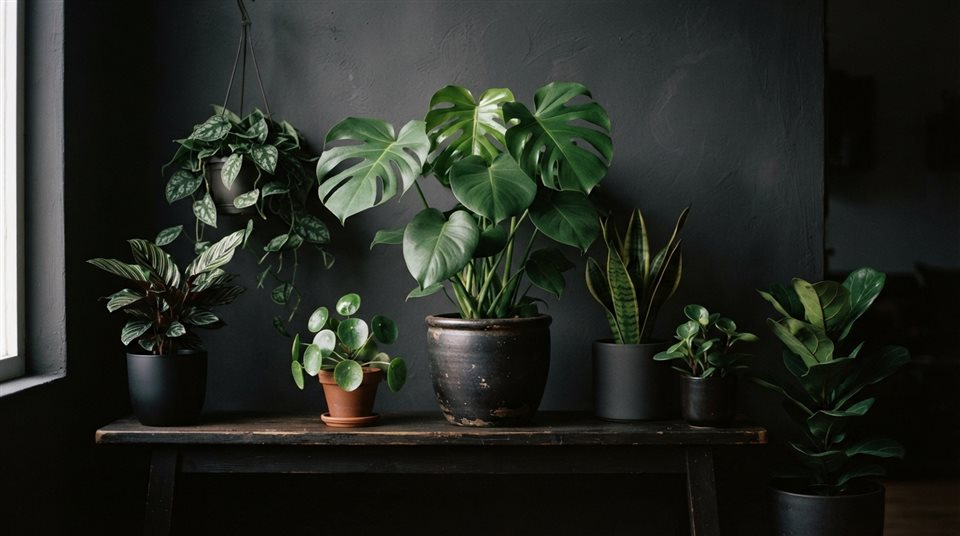 Photorealistic photo of houseplants in pots, centered subject with a simple uncluttered composition, moody dark tones, dramatic lighting, 16:9 aspect ratio