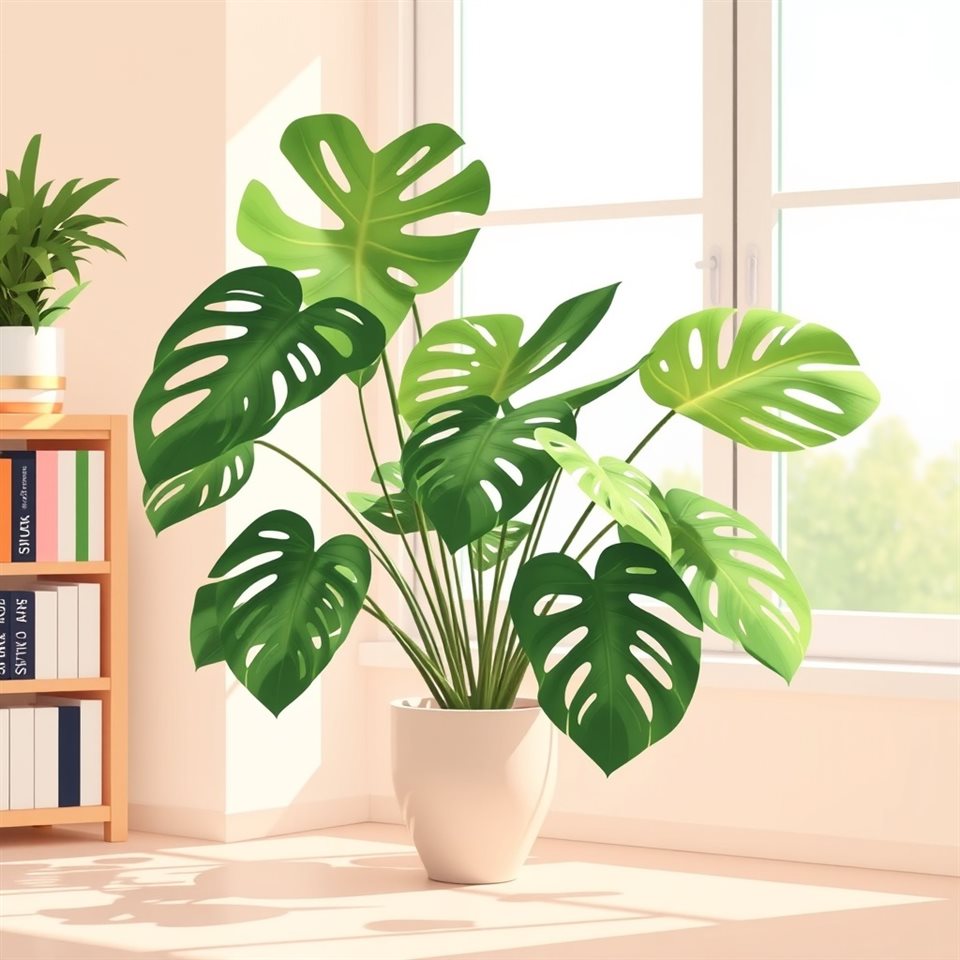 Minimal flat illustration of A lush green monstera plant in a ceramic pot placed by a sunny window., wide shot with open space at the top for text, soft pastel colors, bright and cozy, 1:1 aspect ratio