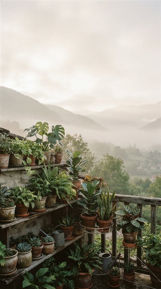 Cinematic film still of houseplants in pots, wide shot with open space at the top for text, misty morning haze, dreamy, 9:16 aspect ratio