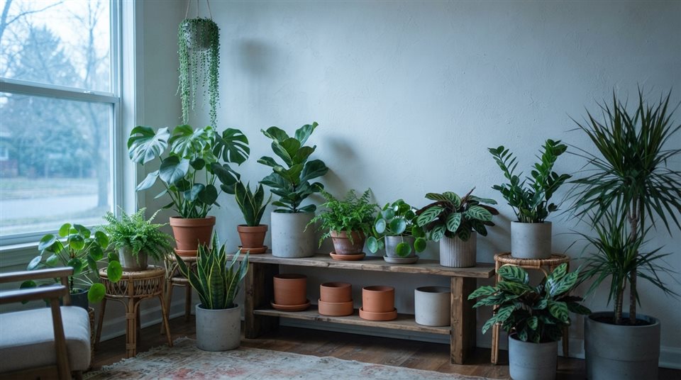 Photorealistic photo of houseplants in pots, wide shot with open space at the top for text, cool blue tones, quiet atmosphere, 16:9 aspect ratio
