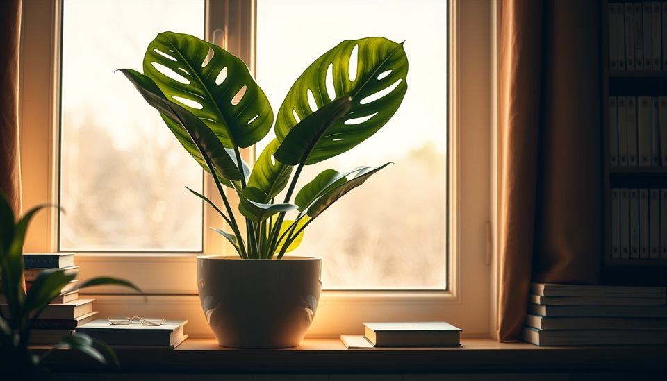 Photorealistic photo of A lush green monstera plant in a ceramic pot placed by a sunny window., centered subject with a simple uncluttered composition, warm golden light, calm mood, 16:9 aspect ratio