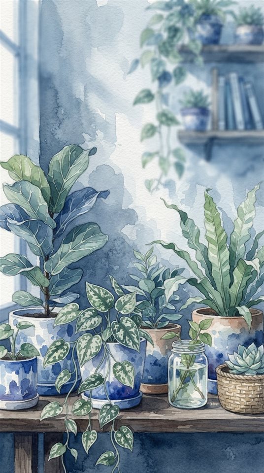 Watercolor illustration of houseplants in pots, close-up detail with shallow depth of field, cool blue tones, quiet atmosphere, 9:16 aspect ratio
