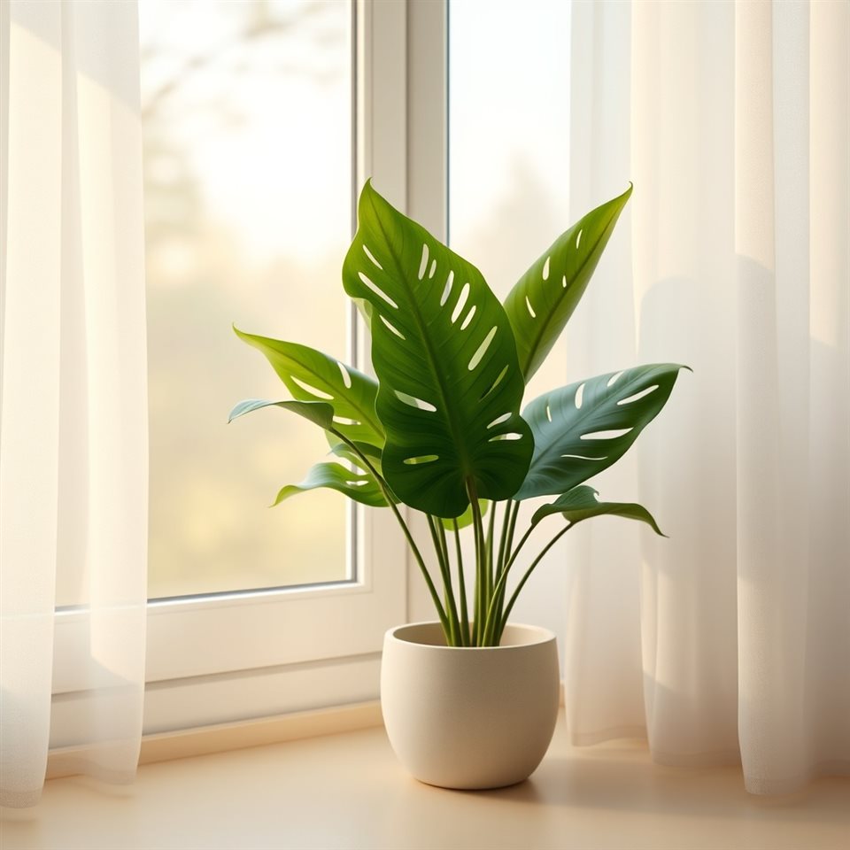 Soft 3D render of A lush green monstera plant in a ceramic pot placed by a sunny window., wide shot with open space at the top for text, misty morning haze, dreamy, 1:1 aspect ratio