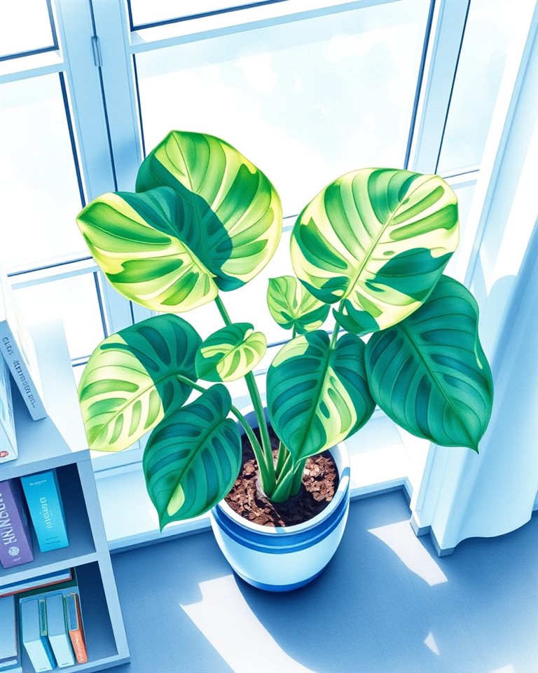 Watercolor illustration of A lush green monstera plant in a ceramic pot placed by a sunny window., high-angle view from above, cool blue tones, quiet atmosphere, 4:5 aspect ratio