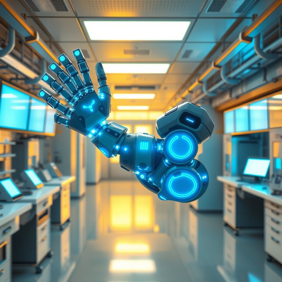 Photorealistic photo of A futuristic humanoid robotic arm with glowing blue circuits in a high-tech laboratory, wide shot with open space at the top for text, warm golden light, calm mood, 1:1 aspect ratio