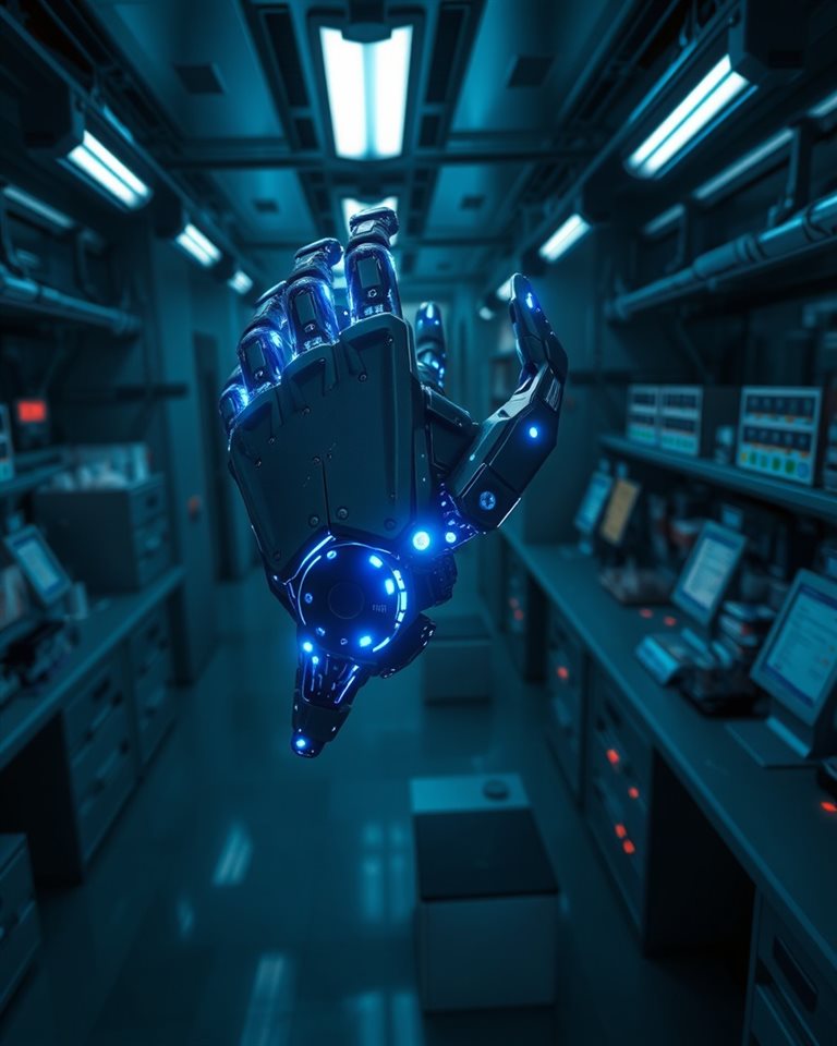 Photorealistic photo of A futuristic humanoid robotic arm with glowing blue circuits in a high-tech laboratory, high-angle view from above, moody dark tones, dramatic lighting, 4:5 aspect ratio