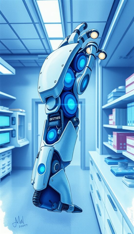 Watercolor illustration of A futuristic humanoid robotic arm with glowing blue circuits in a high-tech laboratory, close-up detail with shallow depth of field, cool blue tones, quiet atmosphere, 9:16 aspect ratio