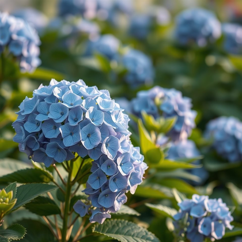 Soft 3D render of Full bloom blue and purple hydrangea flowers growing lushly in a garden, close-up detail with shallow depth of field, misty morning haze, dreamy, 1:1 aspect ratio