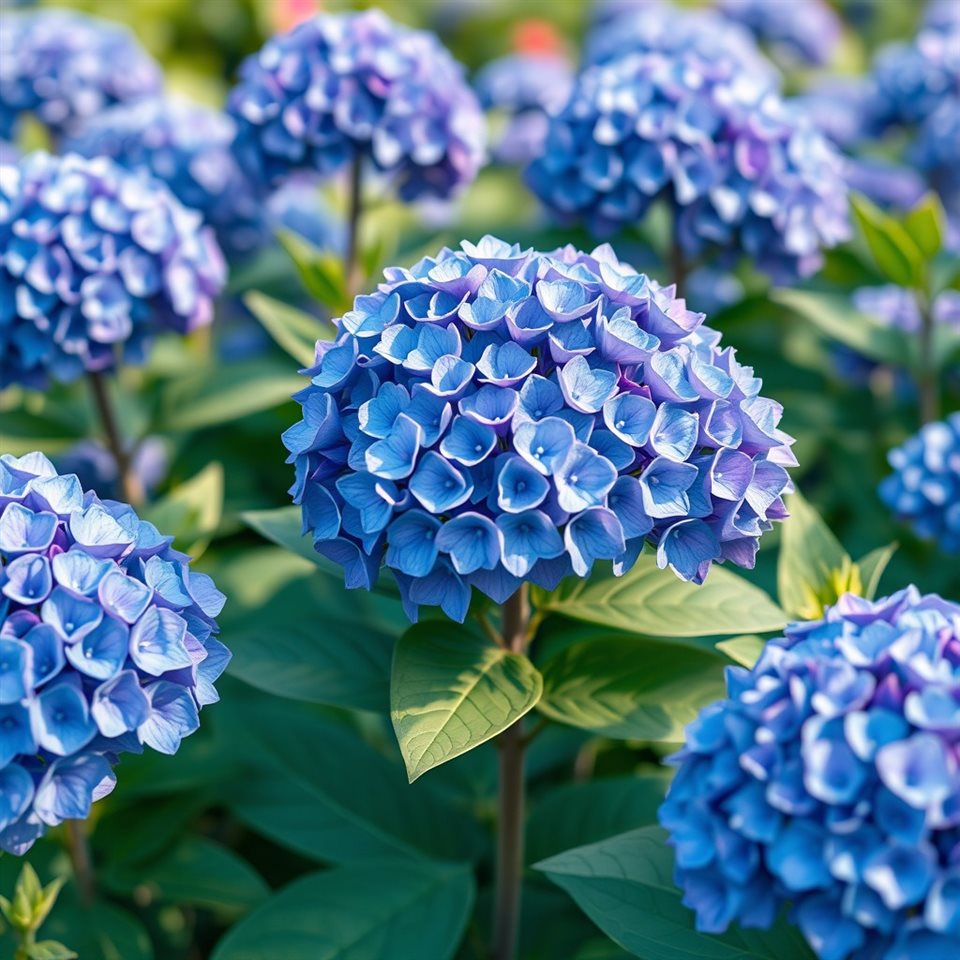 Minimal flat illustration of Full bloom blue and purple hydrangea flowers growing lushly in a garden, close-up detail with shallow depth of field, soft pastel colors, bright and cozy, 1:1 aspect ratio