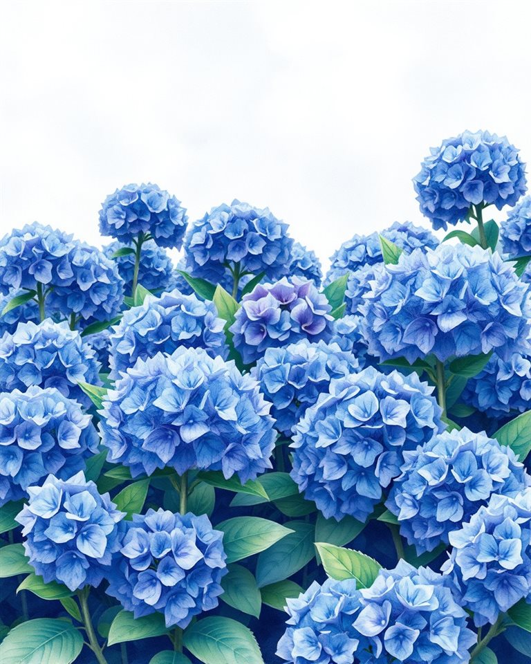 Watercolor illustration of Full bloom blue and purple hydrangea flowers growing lushly in a garden, wide shot with open space at the top for text, cool blue tones, quiet atmosphere, 4:5 aspect ratio