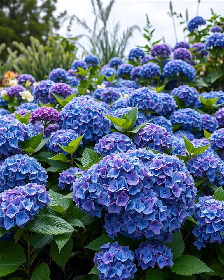 Cinematic film still of Full bloom blue and purple hydrangea flowers growing lushly in a garden, wide shot with open space at the top for text, vivid colors, high contrast, energetic, 4:5 aspect ratio