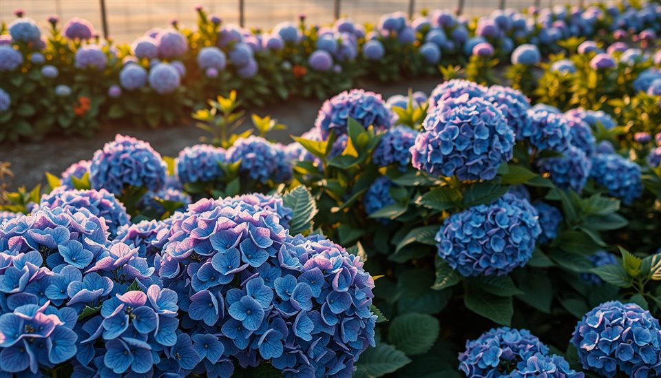 Photorealistic photo of Full bloom blue and purple hydrangea flowers growing lushly in a garden, high-angle view from above, warm golden light, calm mood, 16:9 aspect ratio