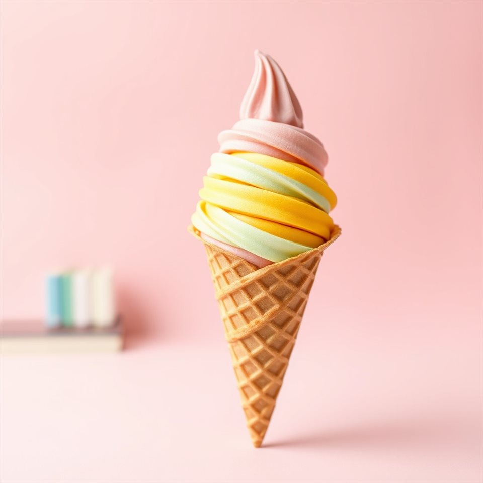 Minimal flat illustration of A colorful scoop of ice cream in a crispy waffle cone against a pastel pink background, close-up detail with shallow depth of field, soft pastel colors, bright and cozy, 1:1 aspect ratio