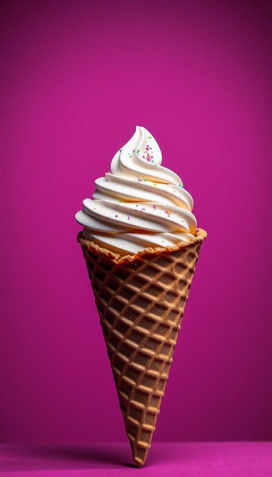 Photorealistic photo of A colorful scoop of ice cream in a crispy waffle cone against a pastel pink background, centered subject with a simple uncluttered composition, moody dark tones, dramatic lighting, 9:16 aspect ratio