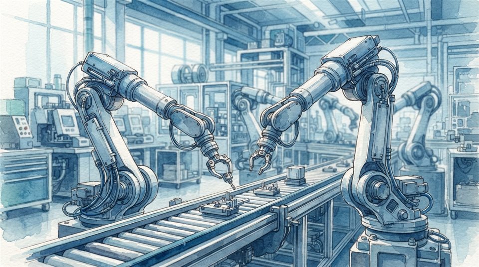 Watercolor illustration of An organized industrial manufacturing facility with clean mechanical arms, close-up detail with shallow depth of field, cool blue tones, quiet atmosphere, 16:9 aspect ratio