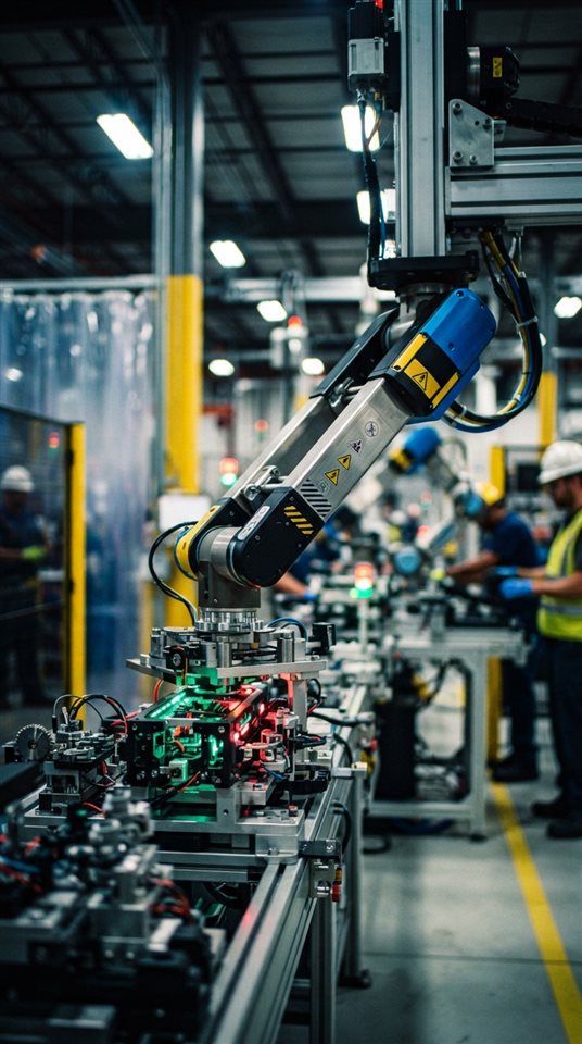 Cinematic film still of An organized industrial manufacturing facility with clean mechanical arms, close-up detail with shallow depth of field, vivid colors, high contrast, energetic, 9:16 aspect ratio