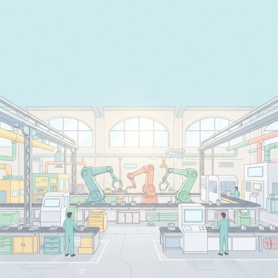 Minimal flat illustration of An organized industrial manufacturing facility with clean mechanical arms, wide shot with open space at the top for text, soft pastel colors, bright and cozy, 1:1 aspect ratio